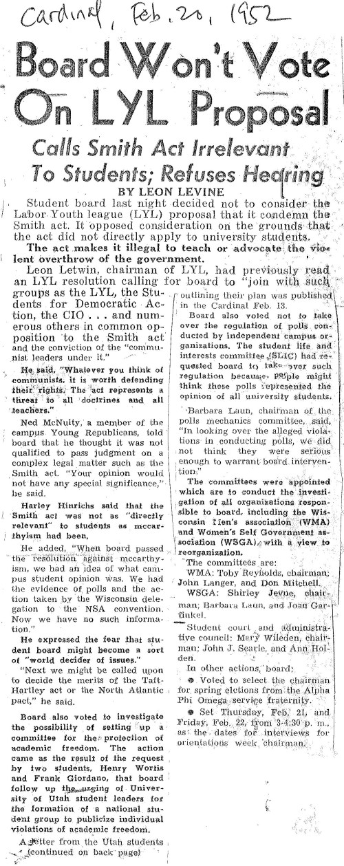 1952.02.20 Board Won't Vote on LYL Proposal (Daily Cardinal)(Leon)